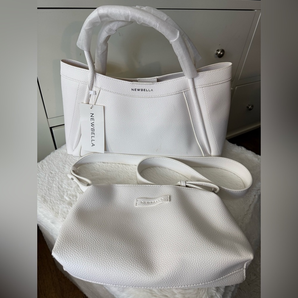 Newbella white tote with smaller crossbody/shoulder bag. Removable strap. NWT